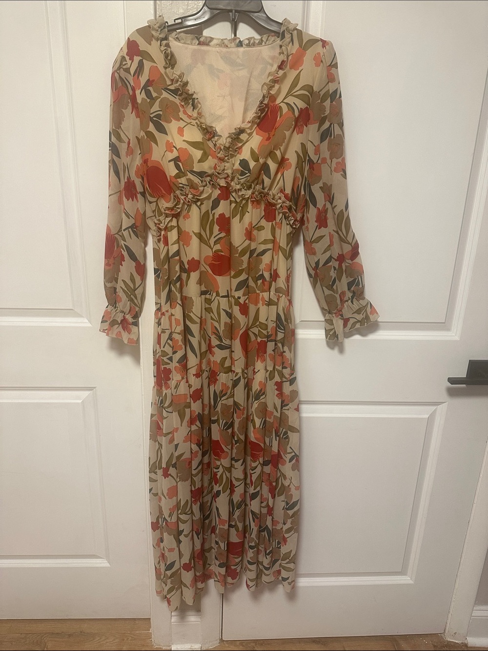 Floral Ruffle Midi Dress in Beige and Coral